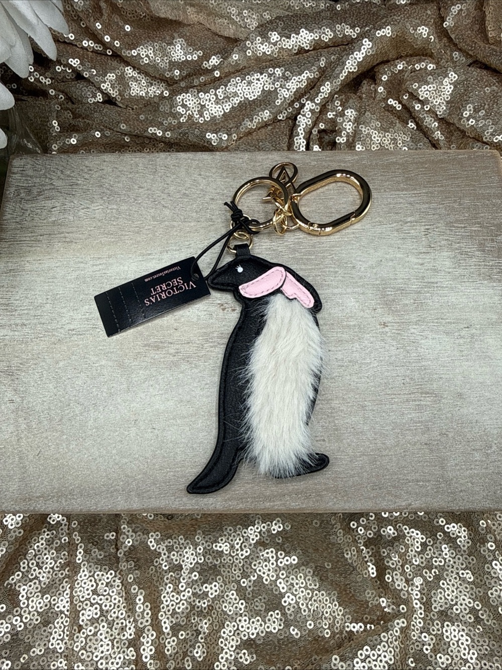 Victoria's Secret Black Penguin Key Charm with White Fur & Pink Ear Detail